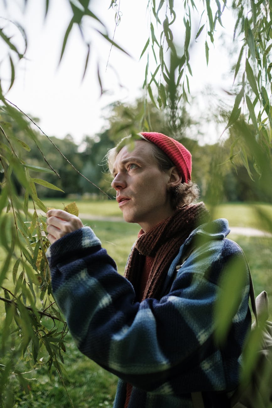 a man looking at a foliage of green leaves